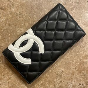 Cambon Line Black Quilted Leather Long Wallet with White CC